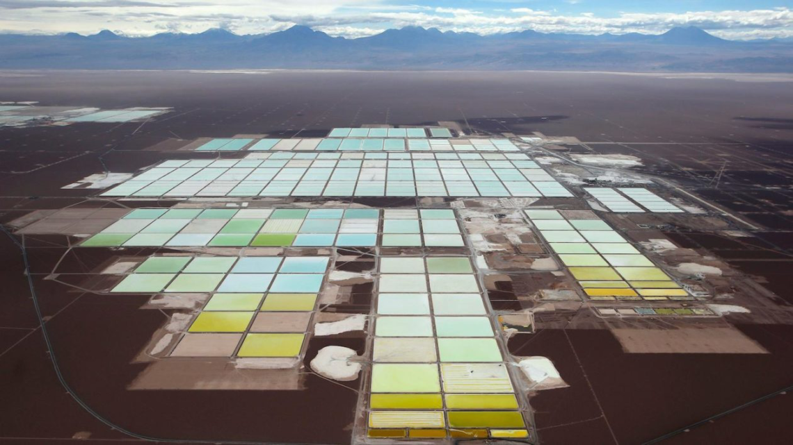 Lithium brine reserves in Atacama Desert landscape in northern Chile